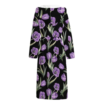 Purple Watercolor Tulip Pattern Print Hooded Bathrobe