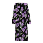 Purple Watercolor Tulip Pattern Print Hooded Bathrobe