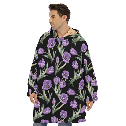 Purple Watercolor Tulip Pattern Print Hoodie Blanket