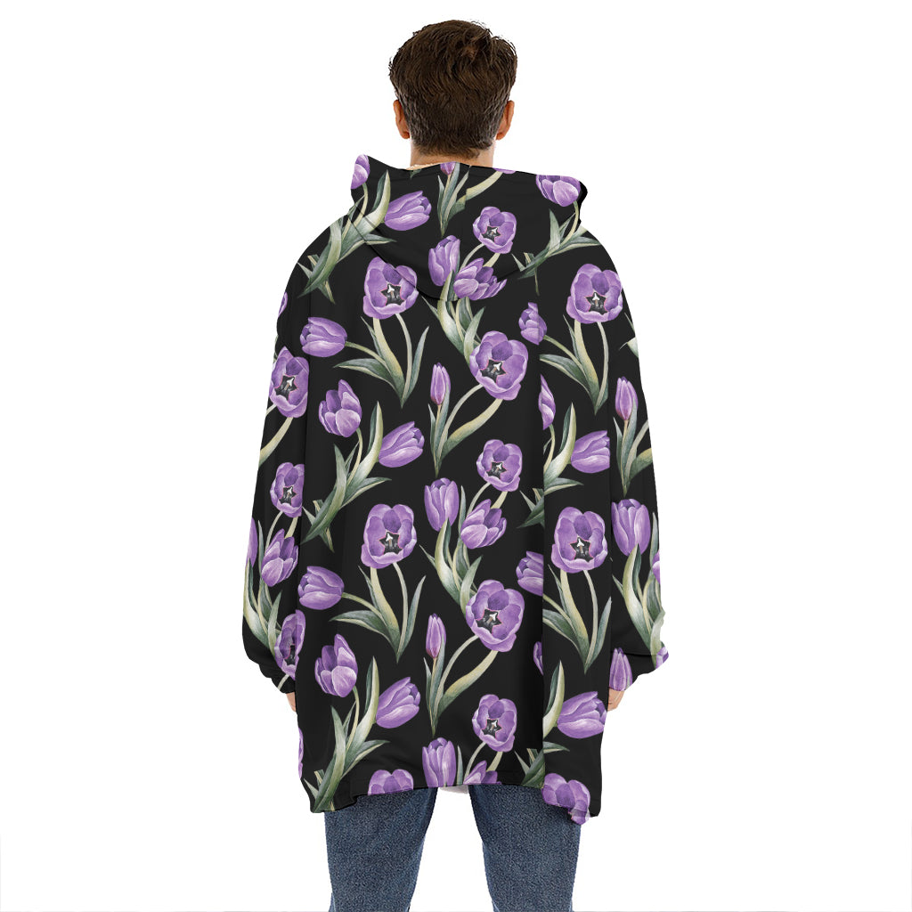 Purple Watercolor Tulip Pattern Print Hoodie Blanket