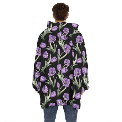 Purple Watercolor Tulip Pattern Print Hoodie Blanket