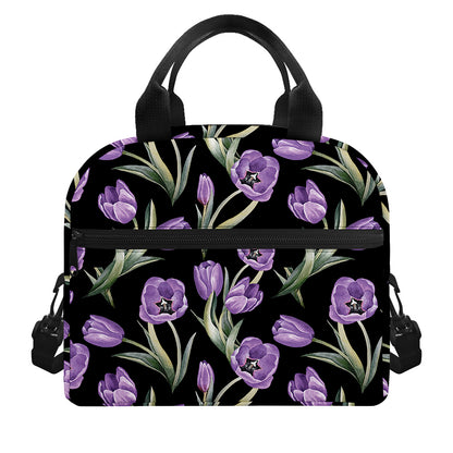Purple Watercolor Tulip Pattern Print Insulated Lunch Bag