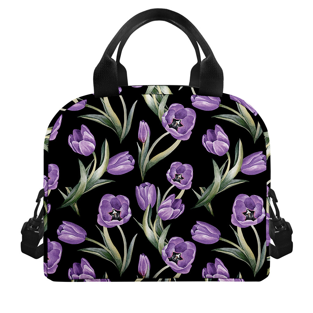 Purple Watercolor Tulip Pattern Print Insulated Lunch Bag