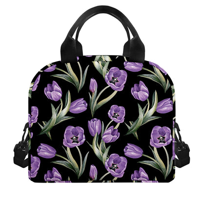 Purple Watercolor Tulip Pattern Print Insulated Lunch Bag