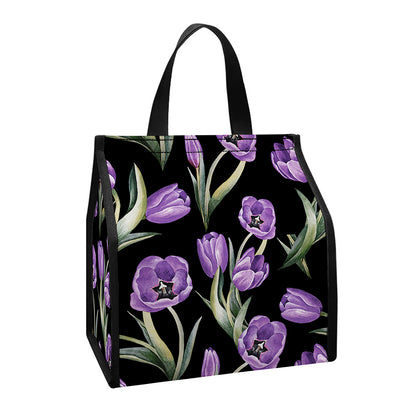 Purple Watercolor Tulip Pattern Print Insulated Lunch Tote