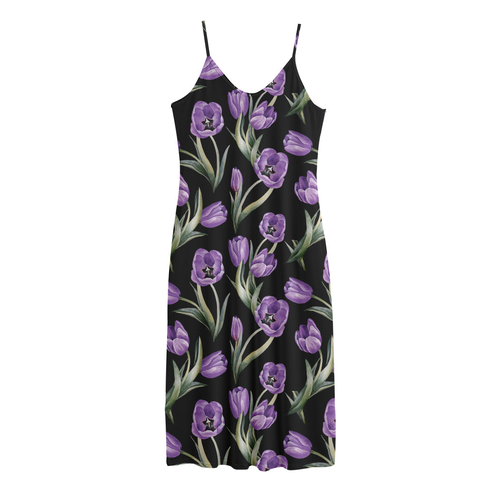 Purple Watercolor Tulip Pattern Print Jersey Midi Cami Dress