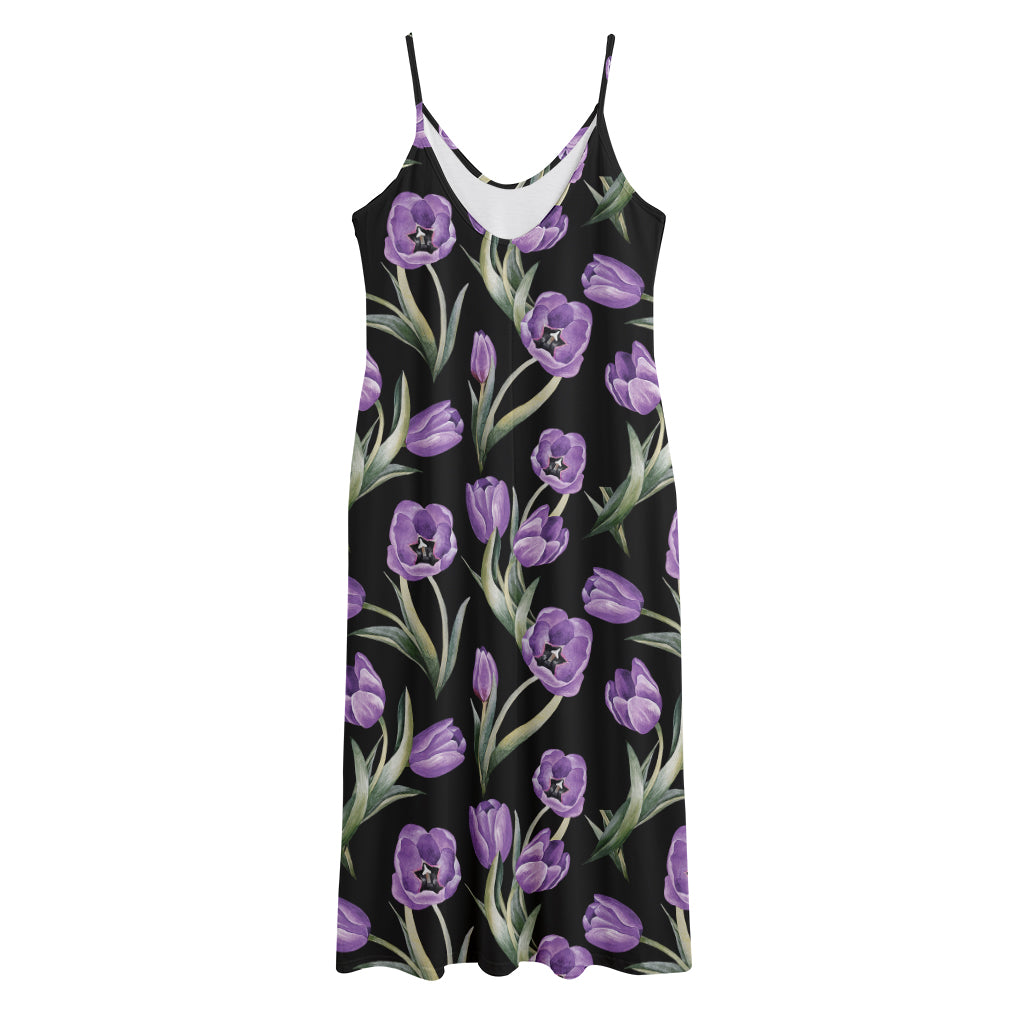Purple Watercolor Tulip Pattern Print Jersey Midi Cami Dress