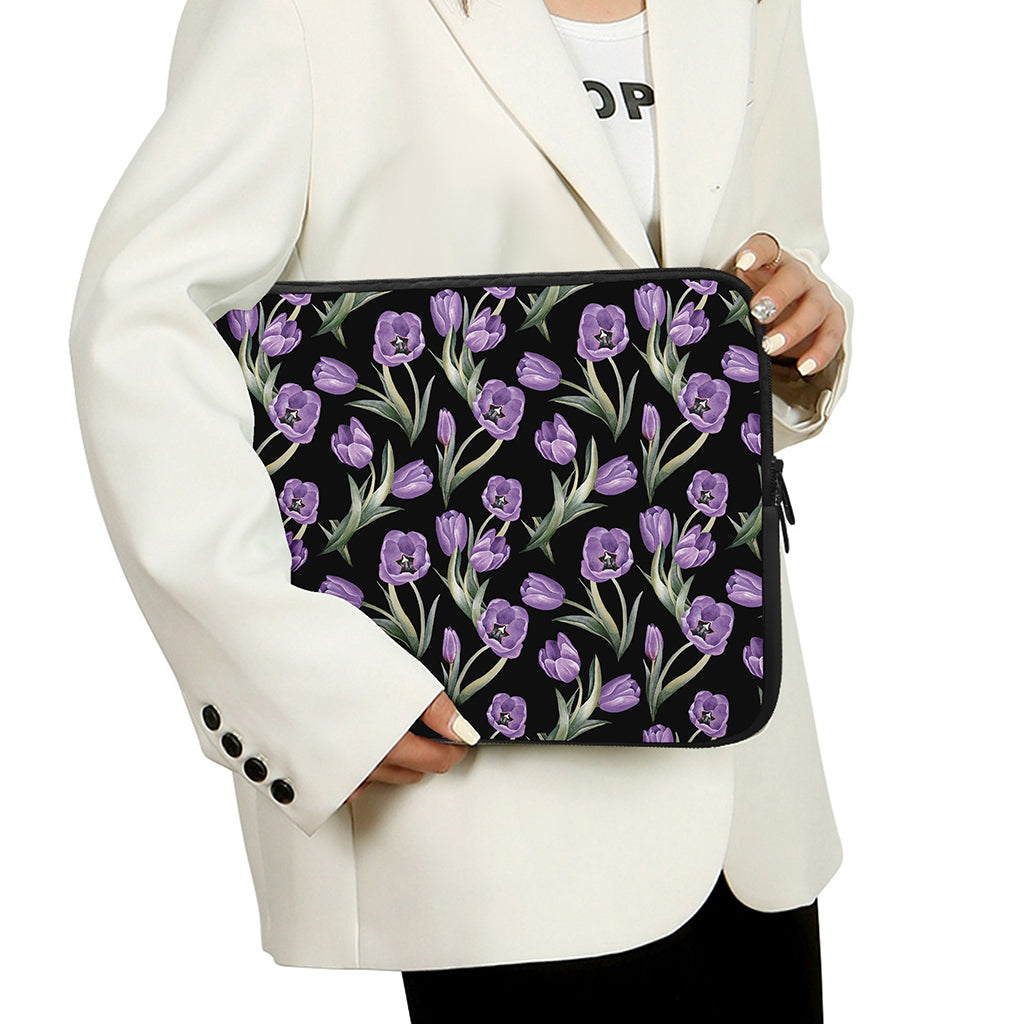 Purple Watercolor Tulip Pattern Print Laptop Sleeve