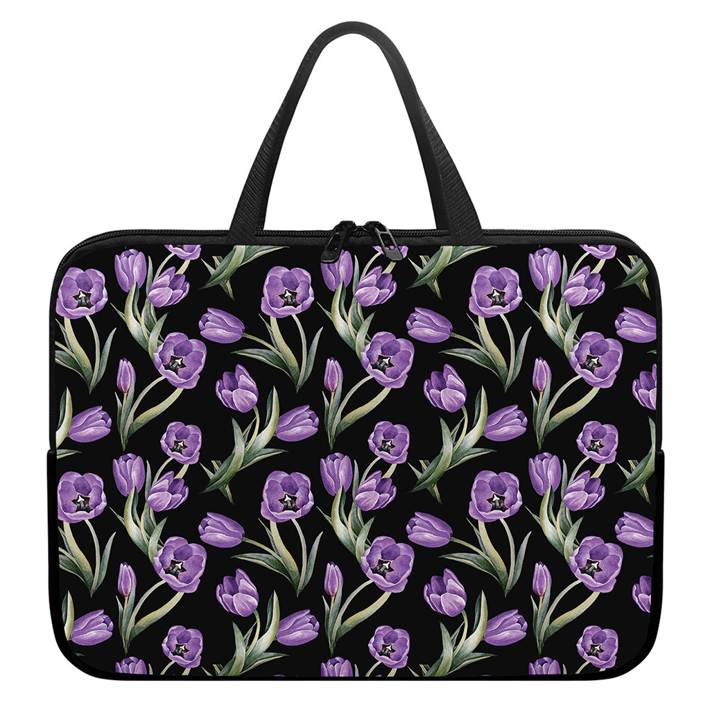 Purple Watercolor Tulip Pattern Print Laptop Sleeve With Handle