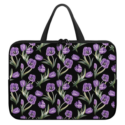 Purple Watercolor Tulip Pattern Print Laptop Sleeve With Handle