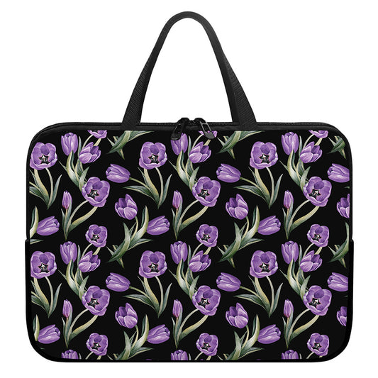 Purple Watercolor Tulip Pattern Print Laptop Sleeve With Handle