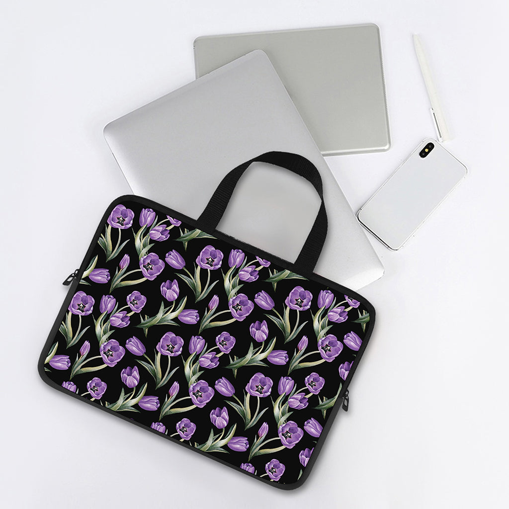 Purple Watercolor Tulip Pattern Print Laptop Sleeve With Handle