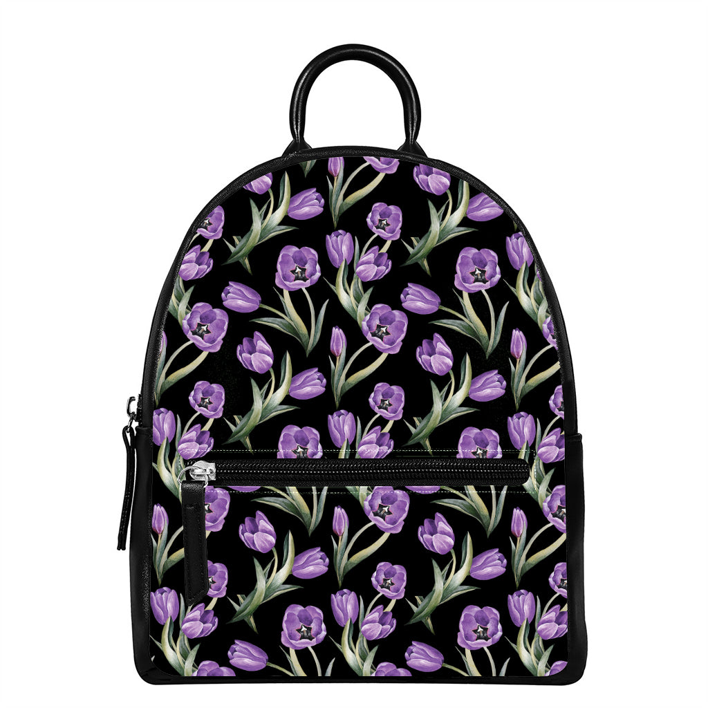 Purple Watercolor Tulip Pattern Print Leather Backpack