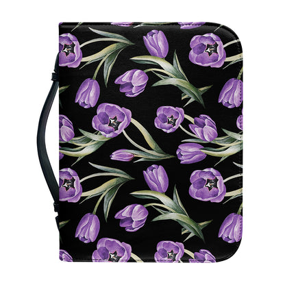 Purple Watercolor Tulip Pattern Print Leather Bible Cover