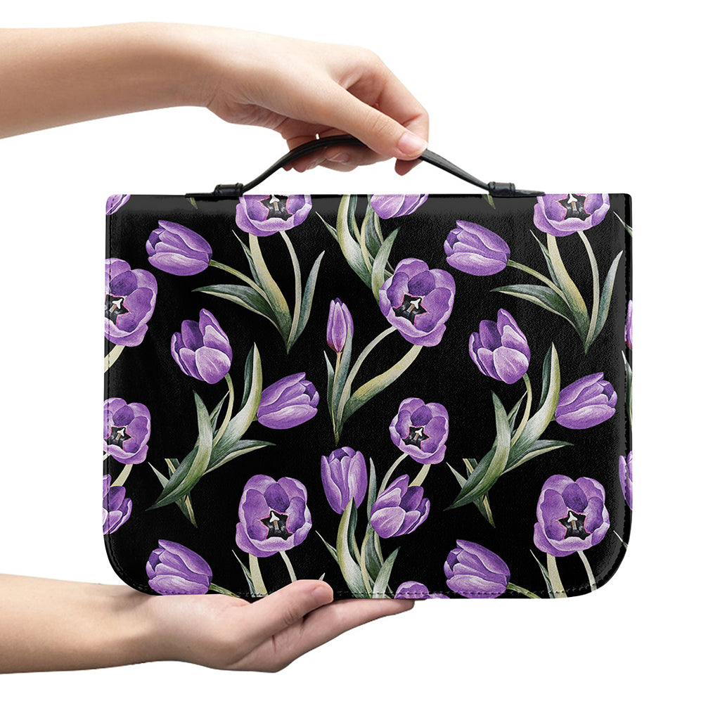 Purple Watercolor Tulip Pattern Print Leather Bible Cover