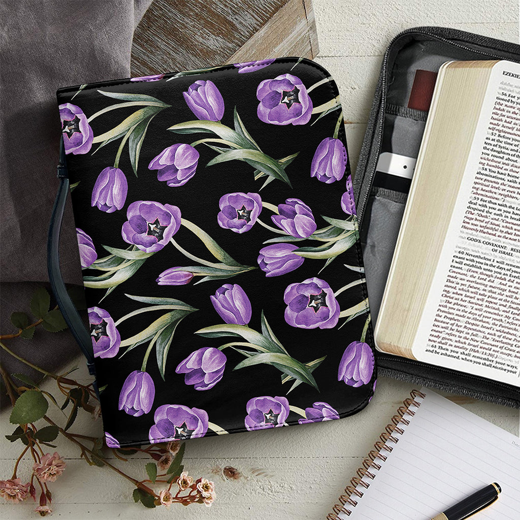 Purple Watercolor Tulip Pattern Print Leather Bible Cover