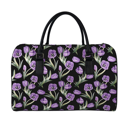Purple Watercolor Tulip Pattern Print Leather Duffle Bag