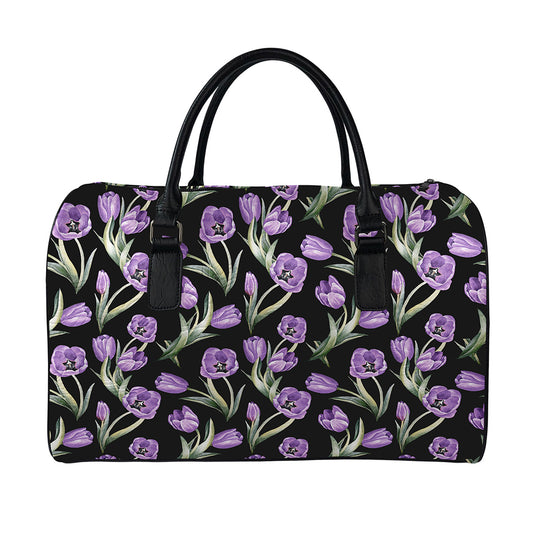 Purple Watercolor Tulip Pattern Print Leather Duffle Bag