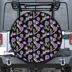 Purple Watercolor Tulip Pattern Print Leather Spare Tire Cover