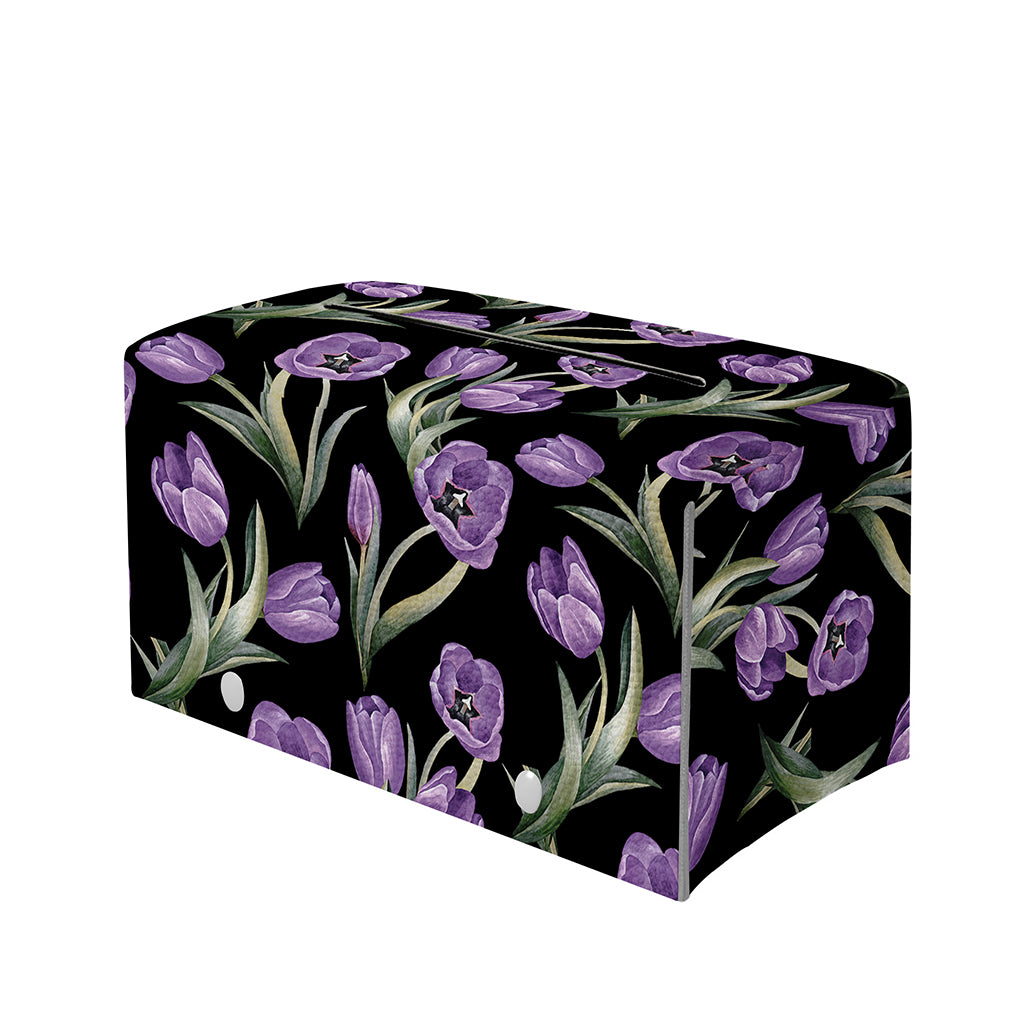 Purple Watercolor Tulip Pattern Print Leather Tissue Box Cover