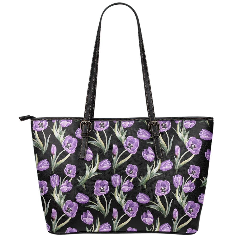 Purple Watercolor Tulip Pattern Print Leather Tote Bag