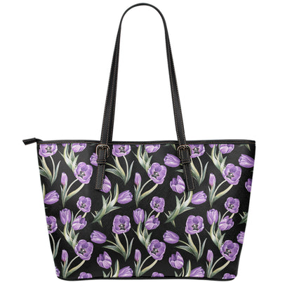 Purple Watercolor Tulip Pattern Print Leather Tote Bag