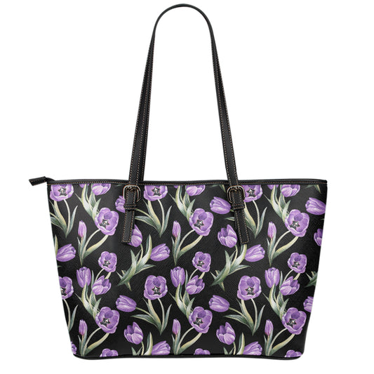 Purple Watercolor Tulip Pattern Print Leather Tote Bag