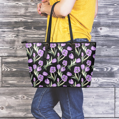 Purple Watercolor Tulip Pattern Print Leather Tote Bag