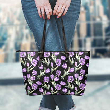 Purple Watercolor Tulip Pattern Print Leather Tote Bag