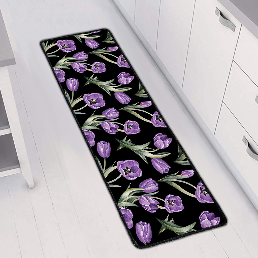Purple Watercolor Tulip Pattern Print Long Kitchen Mat