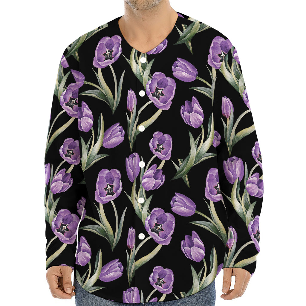 Purple Watercolor Tulip Pattern Print Long Sleeve Baseball Jersey