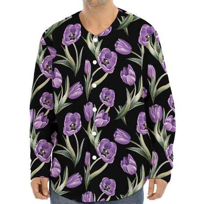 Purple Watercolor Tulip Pattern Print Long Sleeve Baseball Jersey