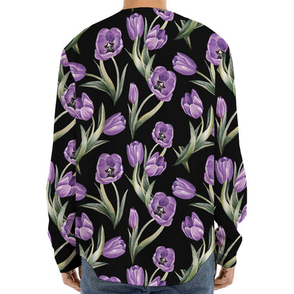 Purple Watercolor Tulip Pattern Print Long Sleeve Baseball Jersey