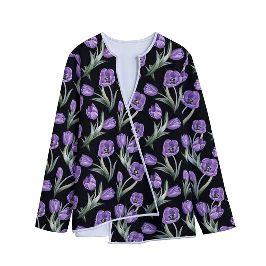 Purple Watercolor Tulip Pattern Print Long Sleeve Short Coat