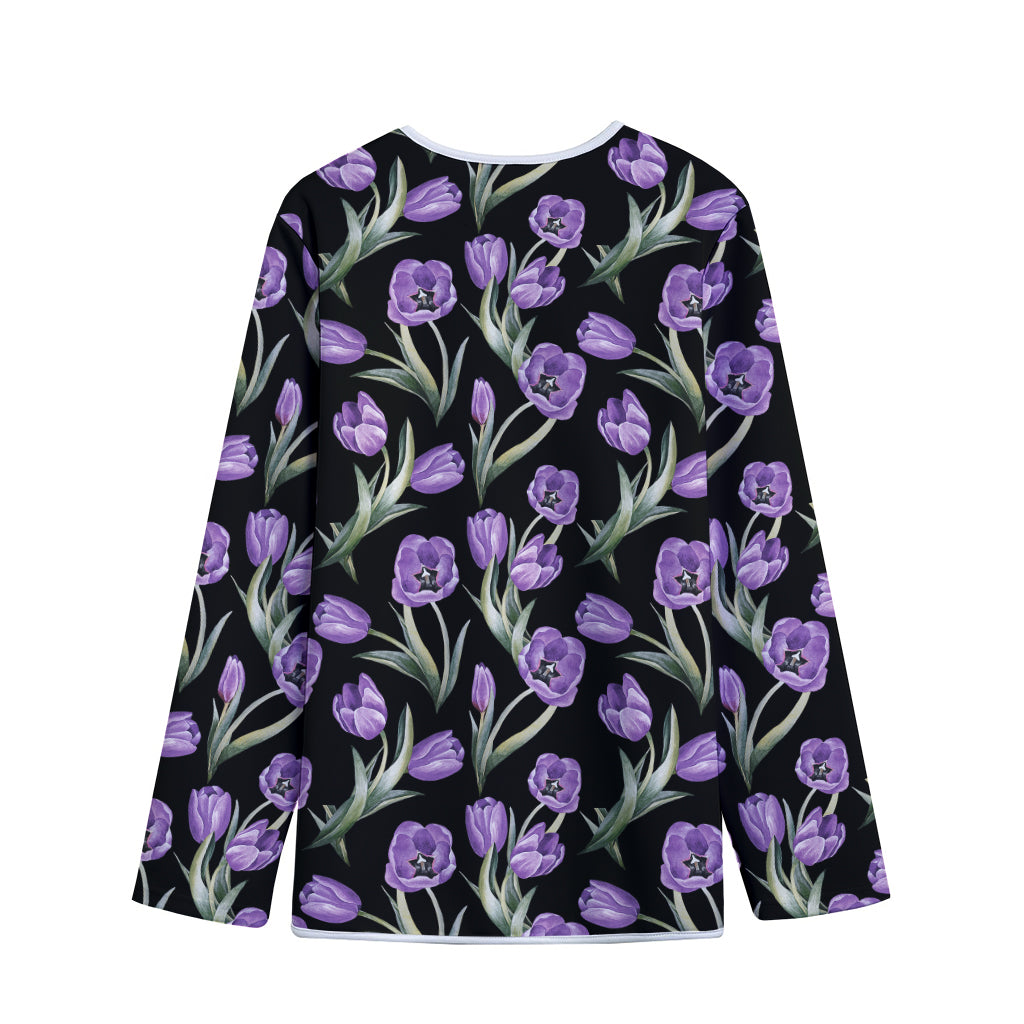 Purple Watercolor Tulip Pattern Print Long Sleeve Short Coat
