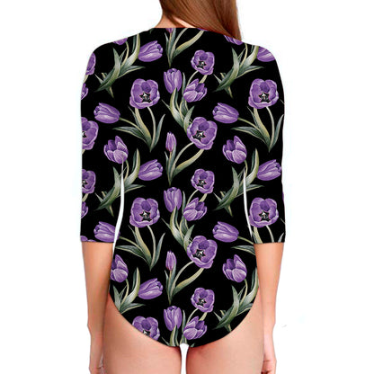 Purple Watercolor Tulip Pattern Print Long Sleeve Swimsuit