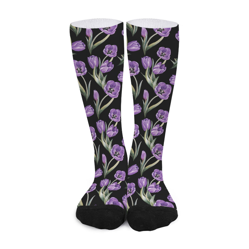 Purple Watercolor Tulip Pattern Print Long Socks