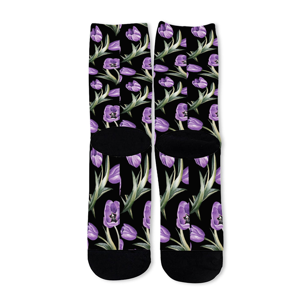 Purple Watercolor Tulip Pattern Print Long Socks