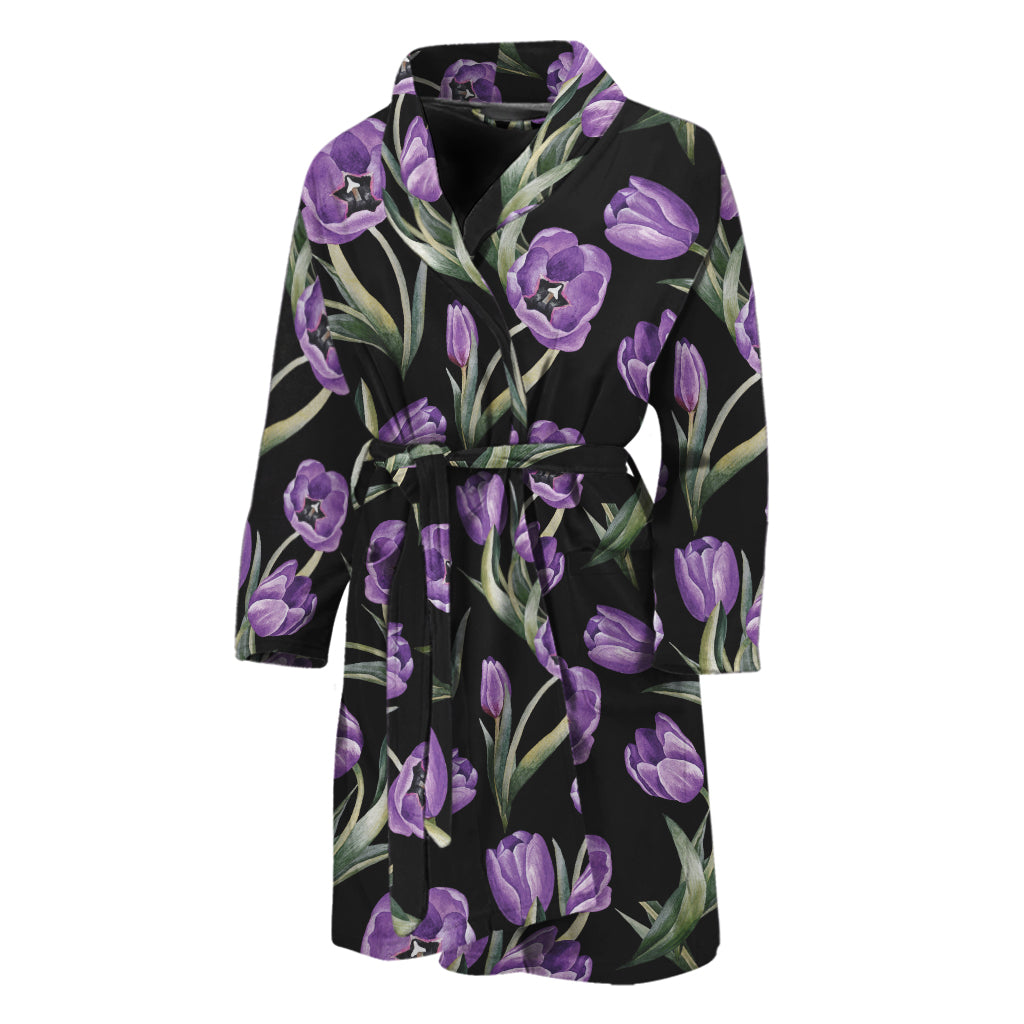 Purple Watercolor Tulip Pattern Print Men's Bathrobe