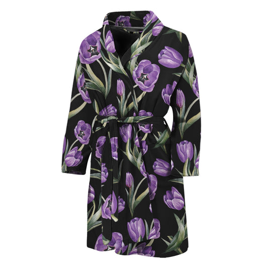 Purple Watercolor Tulip Pattern Print Men's Bathrobe