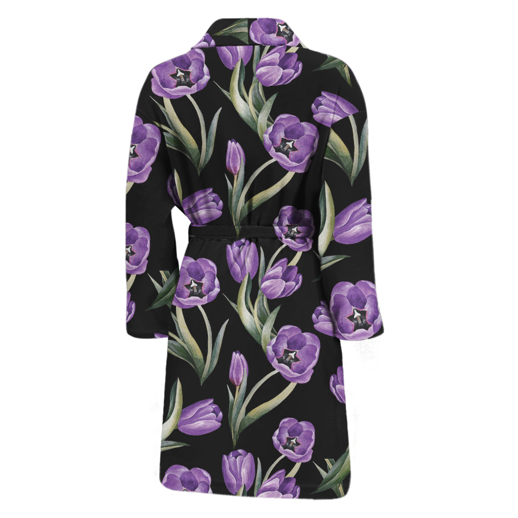 Purple Watercolor Tulip Pattern Print Men's Bathrobe