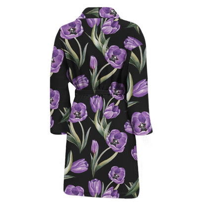 Purple Watercolor Tulip Pattern Print Men's Bathrobe