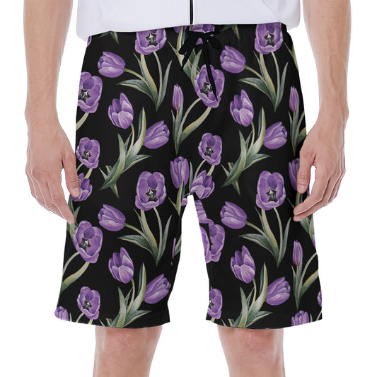 Purple Watercolor Tulip Pattern Print Men's Beach Shorts