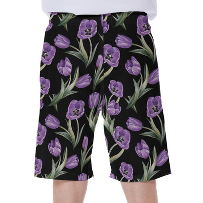 Purple Watercolor Tulip Pattern Print Men's Beach Shorts