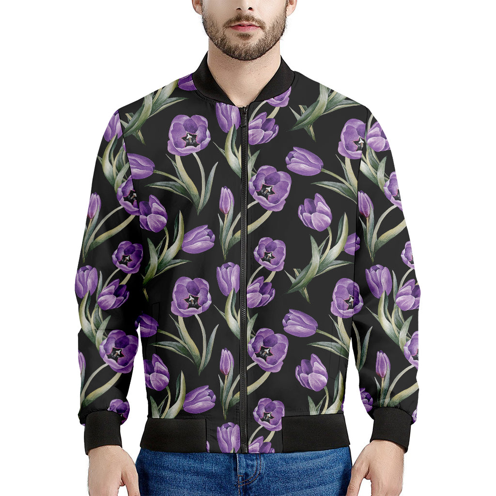 Purple Watercolor Tulip Pattern Print Men's Bomber Jacket