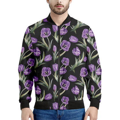 Purple Watercolor Tulip Pattern Print Men's Bomber Jacket