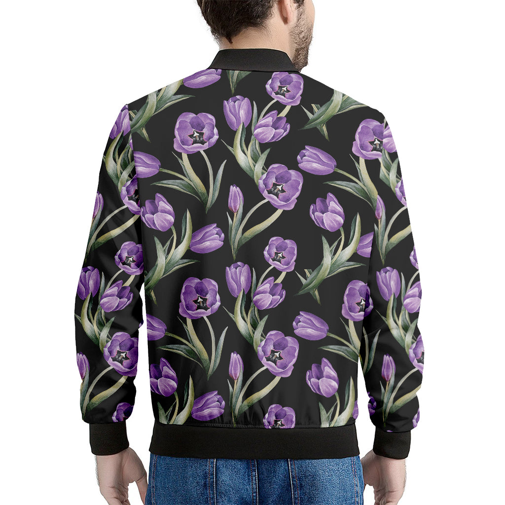 Purple Watercolor Tulip Pattern Print Men's Bomber Jacket