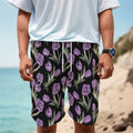Purple Watercolor Tulip Pattern Print Men's Cargo Shorts