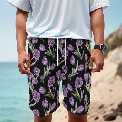 Purple Watercolor Tulip Pattern Print Men's Cargo Shorts