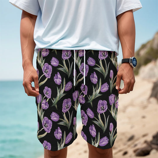 Purple Watercolor Tulip Pattern Print Men's Cargo Shorts